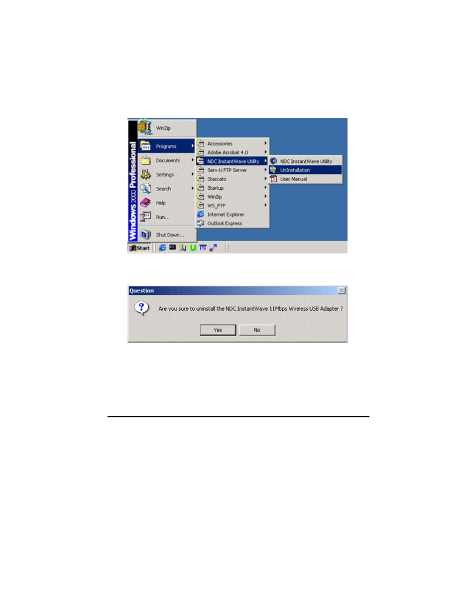 Uninstalling the driver and utility, Windows 98se/me/2000 | NDC comm NWH4010 User Manual | Page 23 / 49