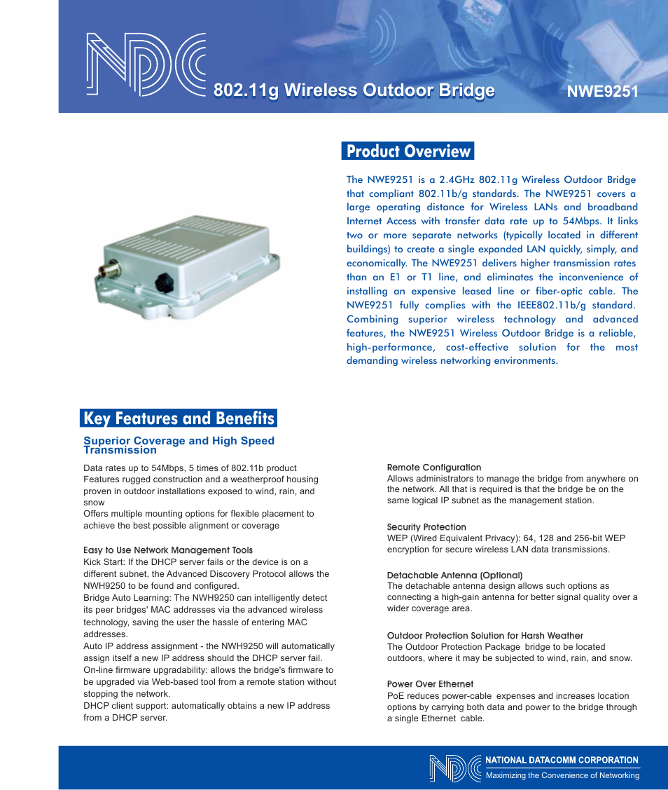NDC comm 2.4GHz 802.11g Wireless Outdoor Bridge NWE9251 User Manual | 2 pages