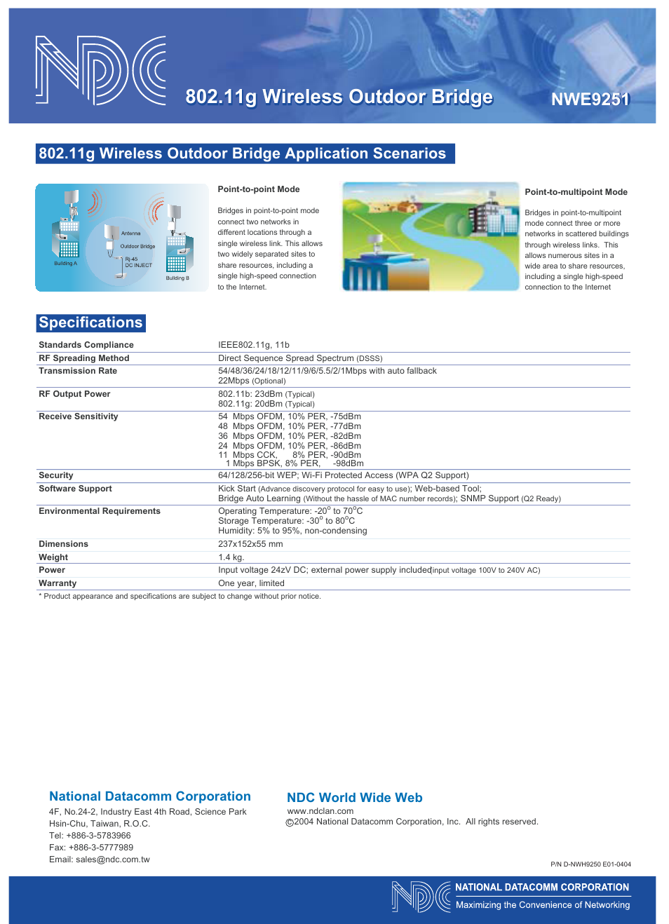 11g wireless outdoor bridge, Specifications, Ss outdoor bridge application scenarios | 11g wireless outdoor bridge application scenarios, National datacomm corporation, Ndc world wide web | NDC comm 2.4GHz 802.11g Wireless Outdoor Bridge NWE9251 User Manual | Page 2 / 2