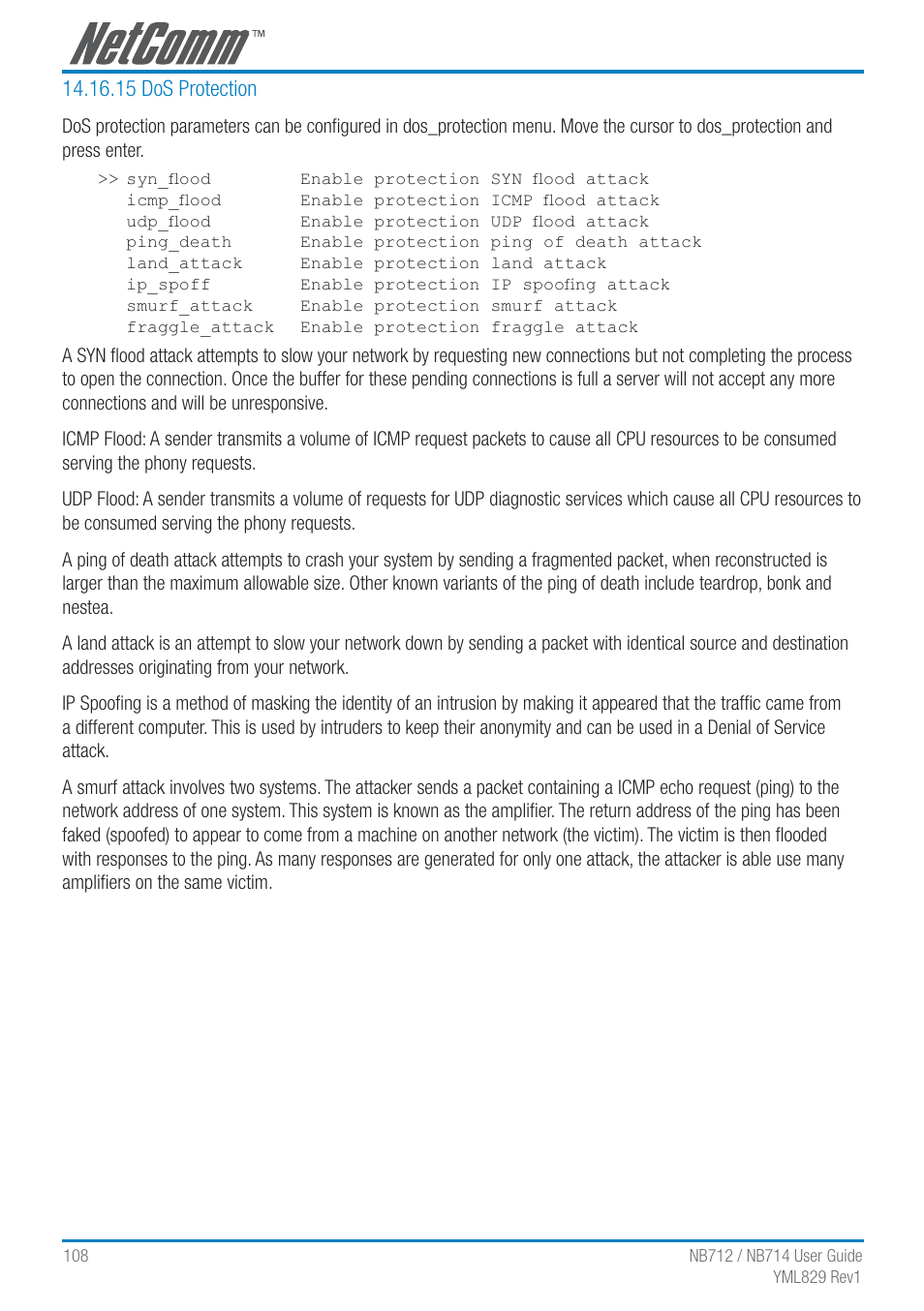 15 dos protection | NetComm G.SHDSL 4-port Security Modem Routers NB712 User Manual | Page 108 / 117