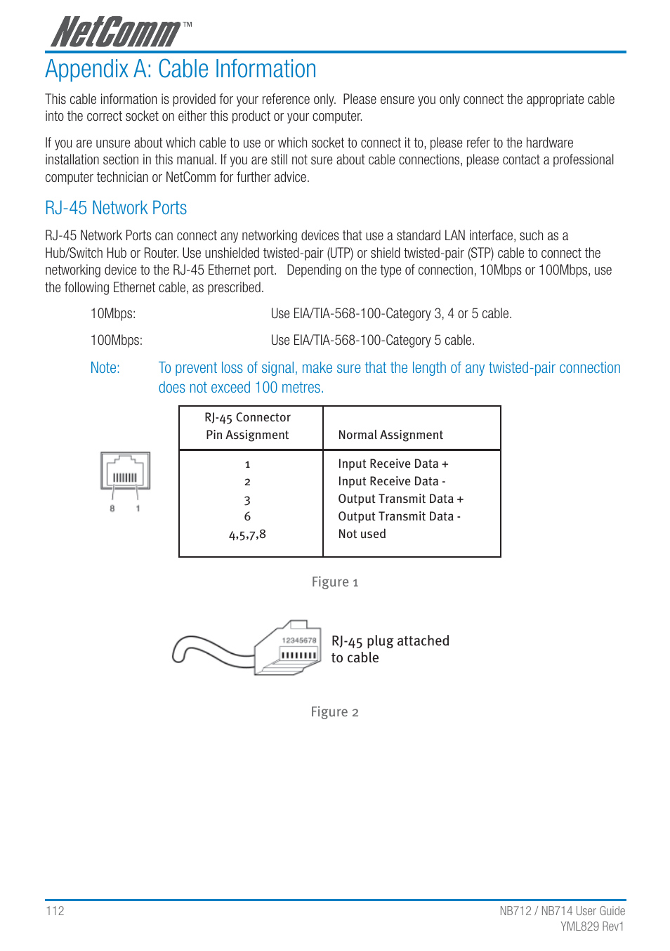 Appendix a: cable information, Rj-45 network ports | NetComm G.SHDSL 4-port Security Modem Routers NB712 User Manual | Page 112 / 117
