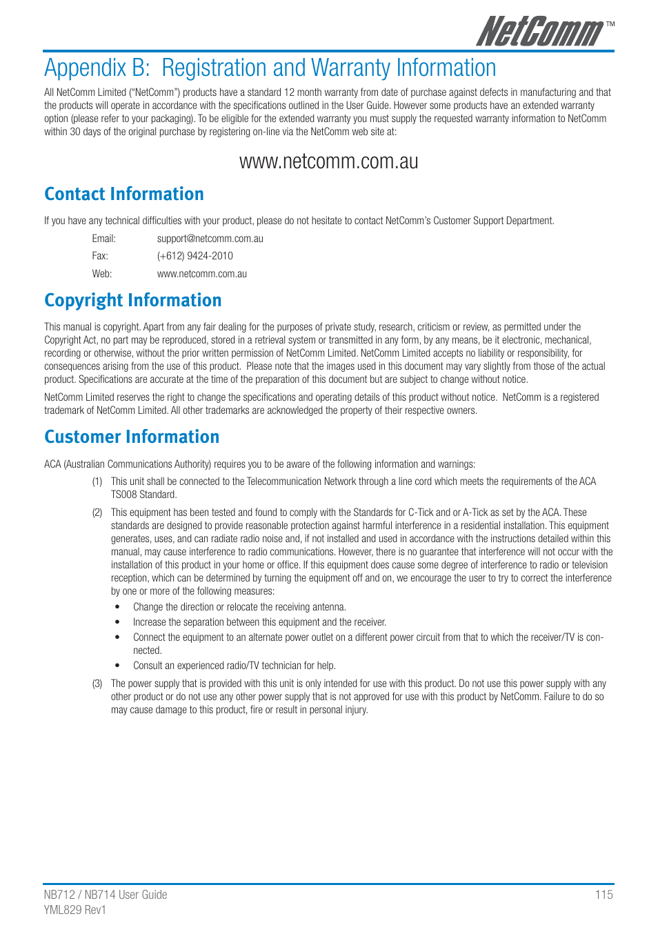 Appendix b: registration and warranty information, Contact information, Copyright information | Customer information | NetComm G.SHDSL 4-port Security Modem Routers NB712 User Manual | Page 115 / 117