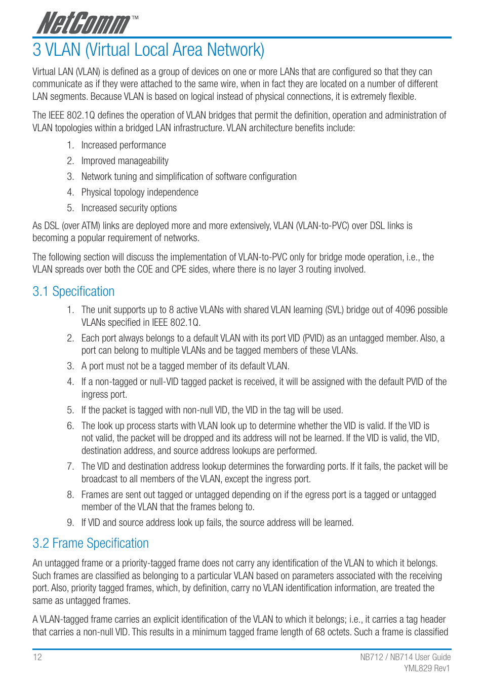 3 vlan (virtual local area network), 1 speciﬁcation, 2 frame speciﬁcation | NetComm G.SHDSL 4-port Security Modem Routers NB712 User Manual | Page 12 / 117
