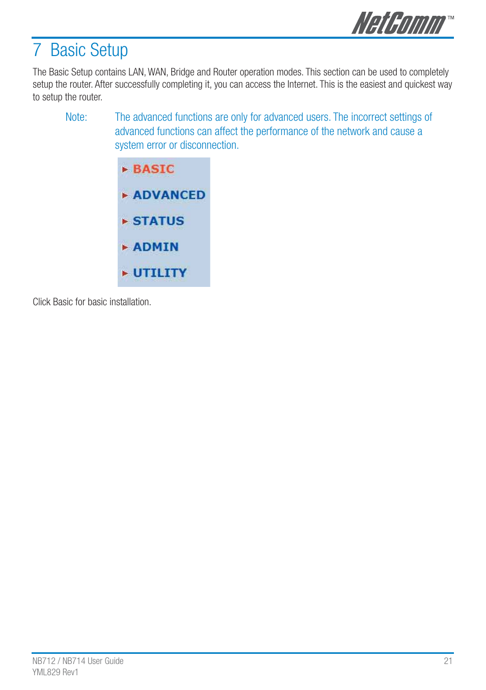 7 basic setup | NetComm G.SHDSL 4-port Security Modem Routers NB712 User Manual | Page 21 / 117