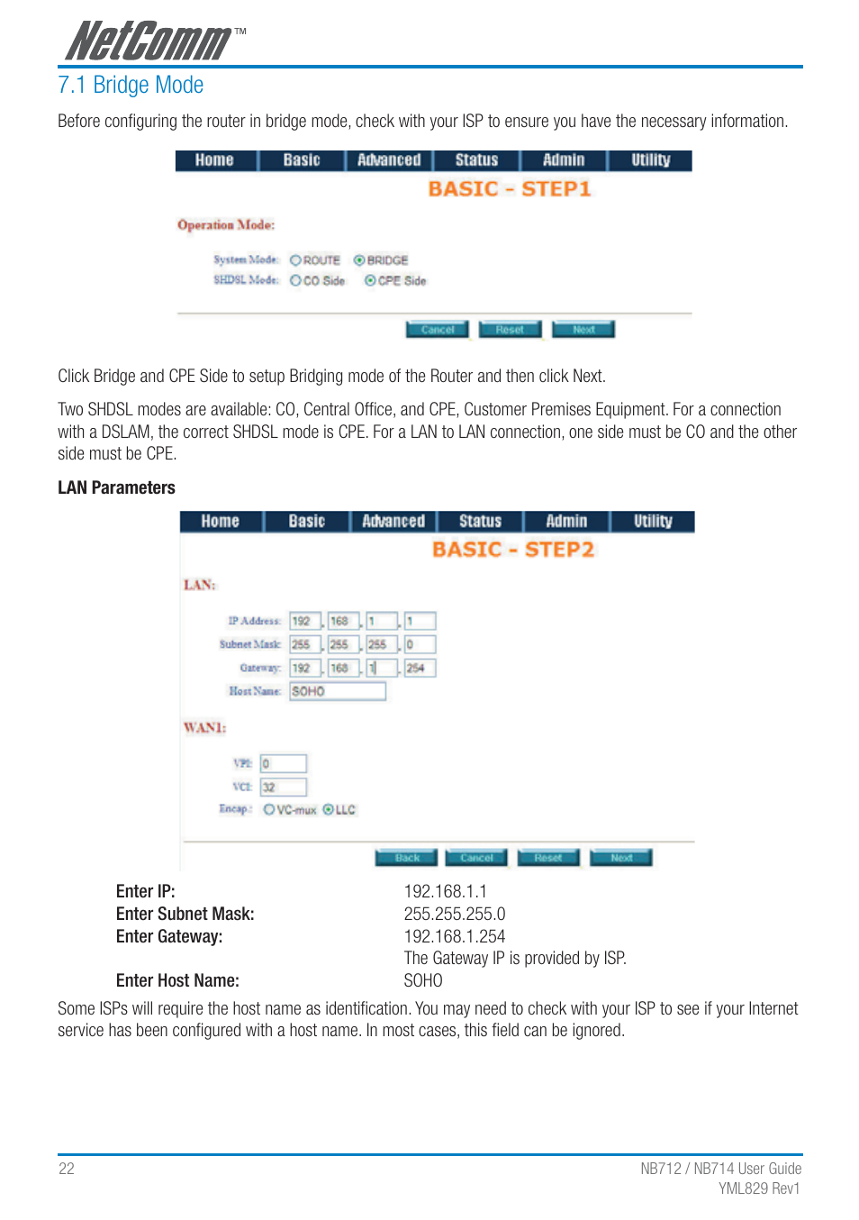1 bridge mode | NetComm G.SHDSL 4-port Security Modem Routers NB712 User Manual | Page 22 / 117