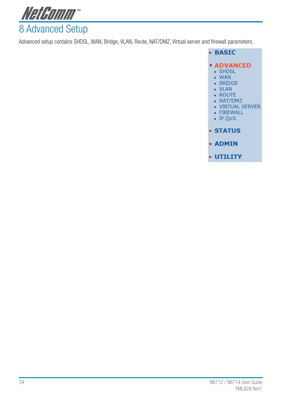 8 advanced setup | NetComm G.SHDSL 4-port Security Modem Routers NB712 User Manual | Page 34 / 117