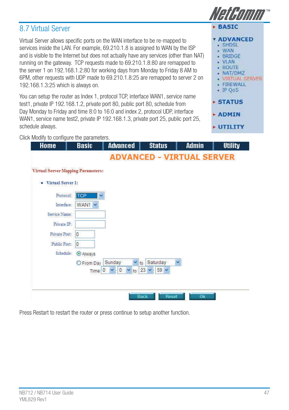7 virtual server | NetComm G.SHDSL 4-port Security Modem Routers NB712 User Manual | Page 47 / 117
