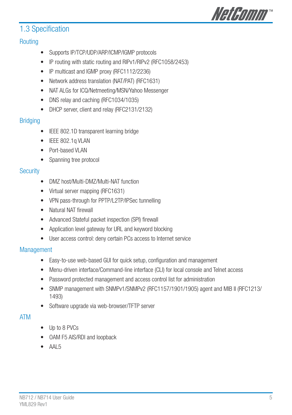 3 speciﬁcation | NetComm G.SHDSL 4-port Security Modem Routers NB712 User Manual | Page 5 / 117