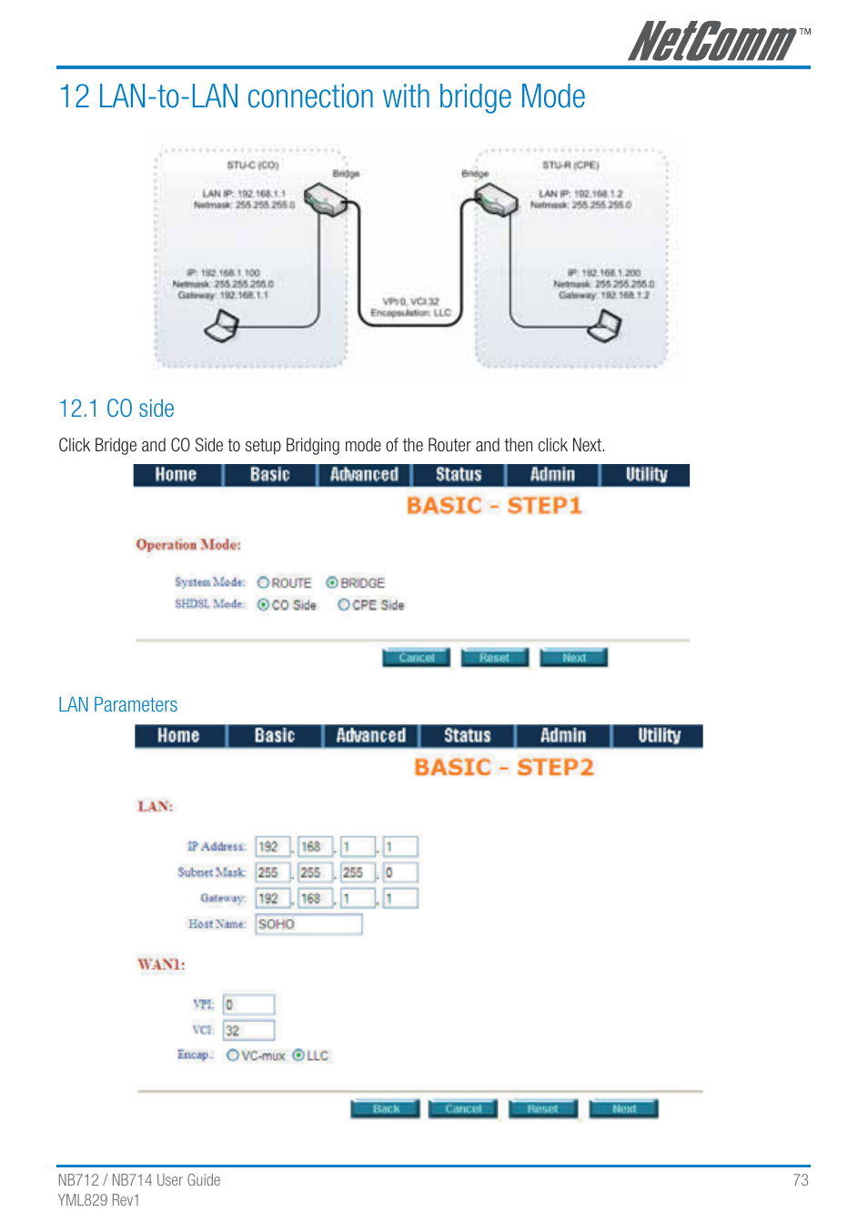 12 lan-to-lan connection with bridge mode, 1 co side | NetComm G.SHDSL 4-port Security Modem Routers NB712 User Manual | Page 73 / 117