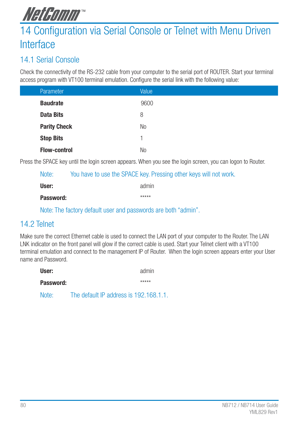 1 serial console, 2 telnet | NetComm G.SHDSL 4-port Security Modem Routers NB712 User Manual | Page 80 / 117