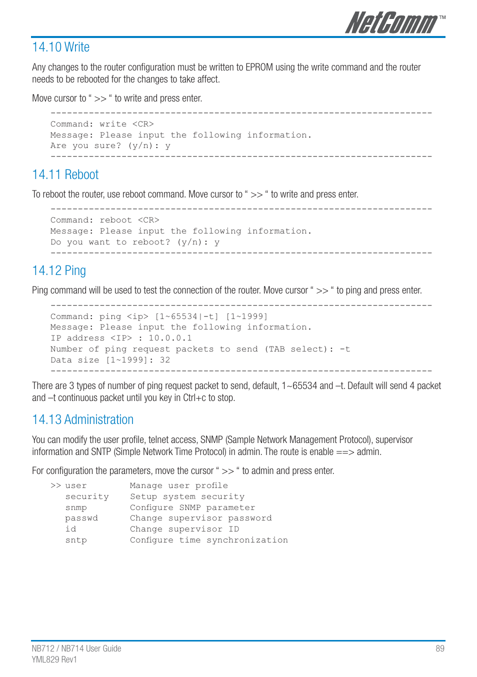 10 write, 11 reboot, 12 ping | 13 administration | NetComm G.SHDSL 4-port Security Modem Routers NB712 User Manual | Page 89 / 117