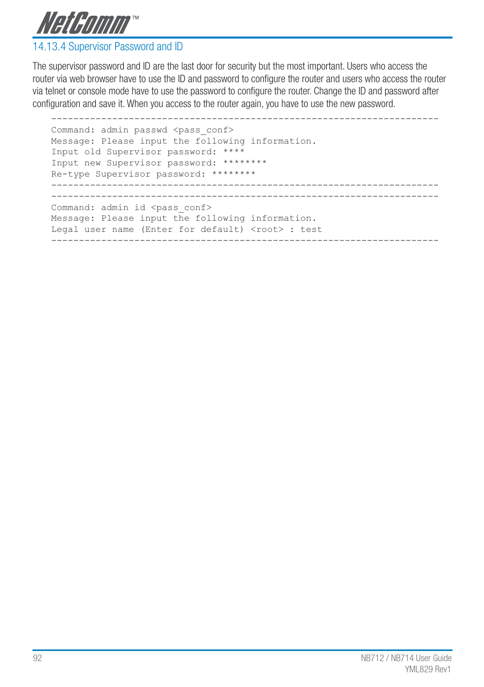 4 supervisor password and id | NetComm G.SHDSL 4-port Security Modem Routers NB712 User Manual | Page 92 / 117