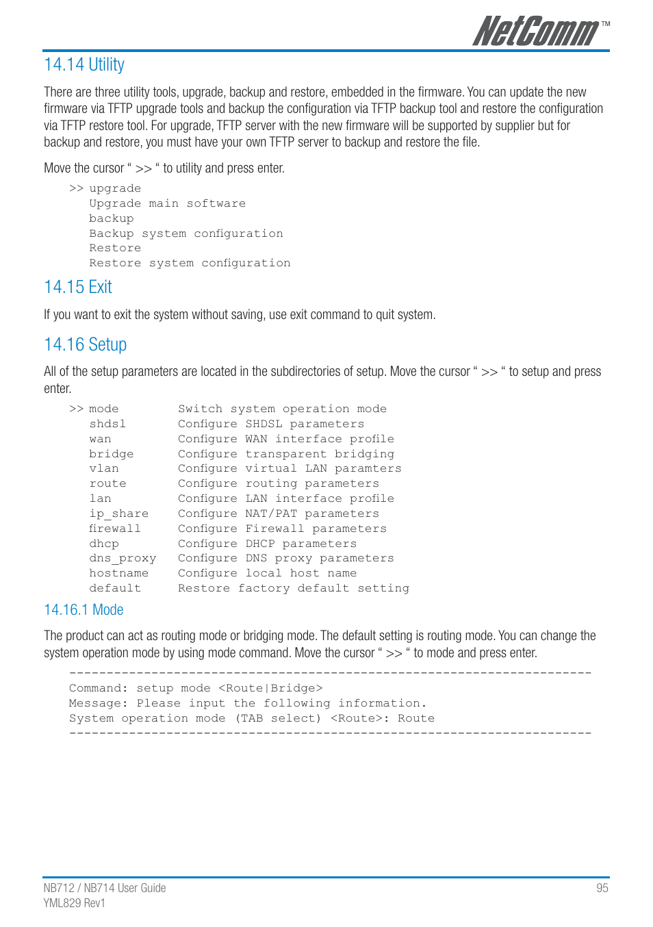 14 utility, 15 exit, 16 setup | NetComm G.SHDSL 4-port Security Modem Routers NB712 User Manual | Page 95 / 117
