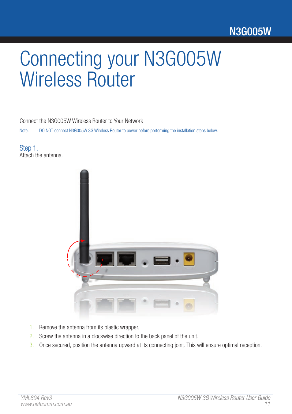 Connecting your n3g005w wireless router, N3g005w | NetComm 3G Wireless Router User N3G005W User Manual | Page 11 / 80