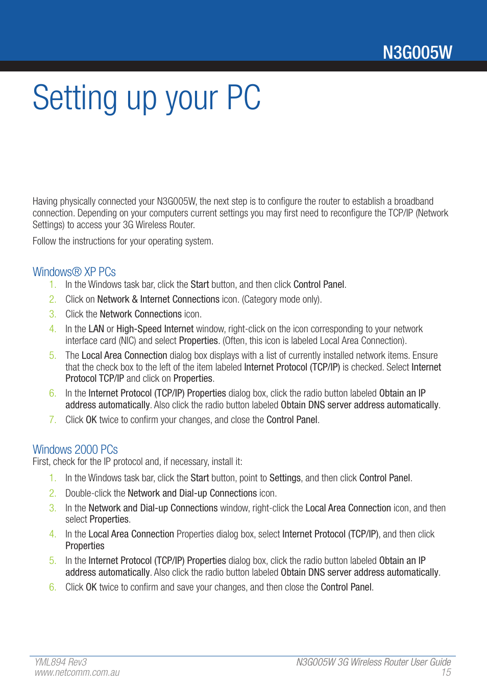 Setting up your pc, N3g005w | NetComm 3G Wireless Router User N3G005W User Manual | Page 15 / 80