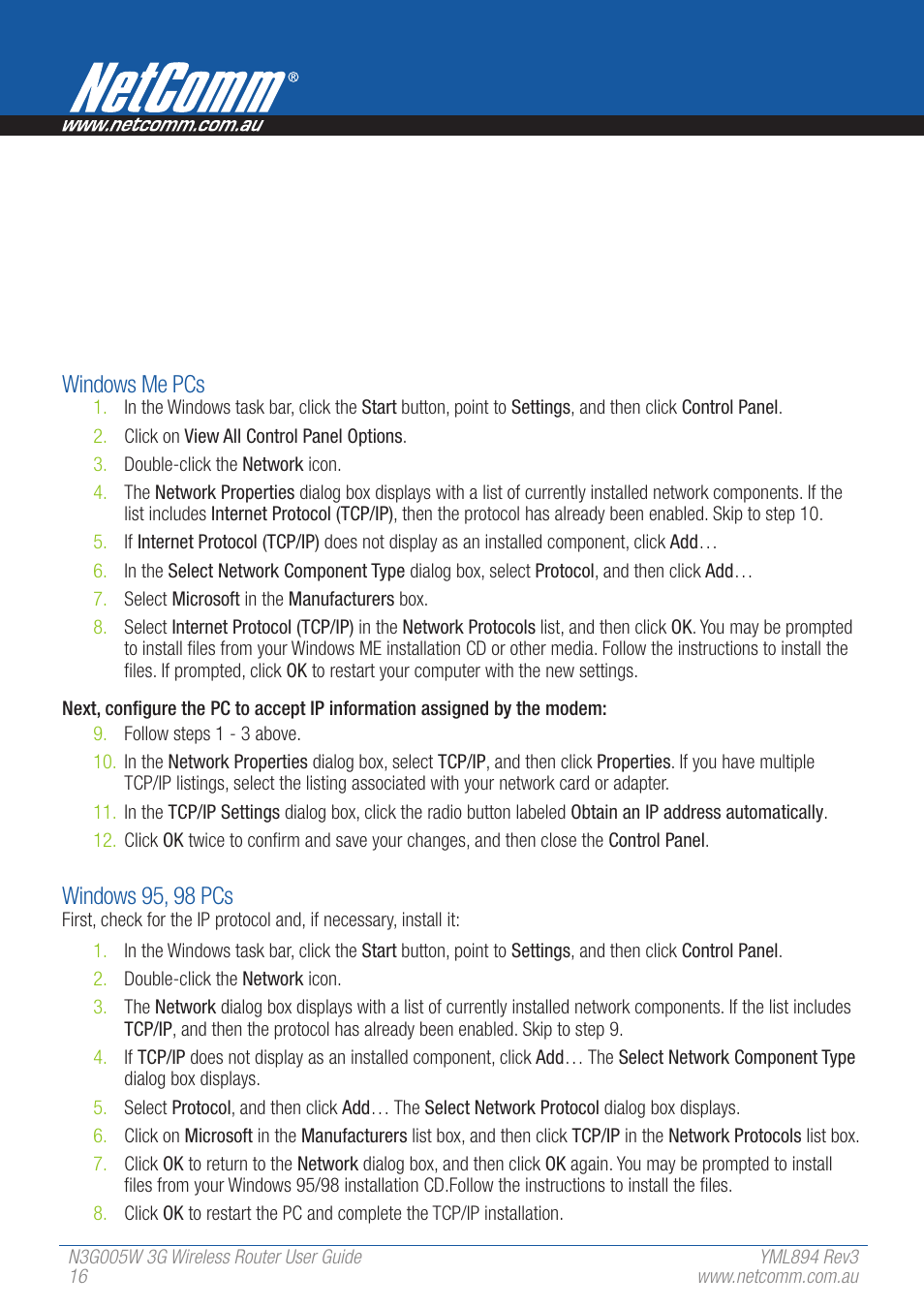 Windows me pcs, Windows 95, 98 pcs | NetComm 3G Wireless Router User N3G005W User Manual | Page 16 / 80
