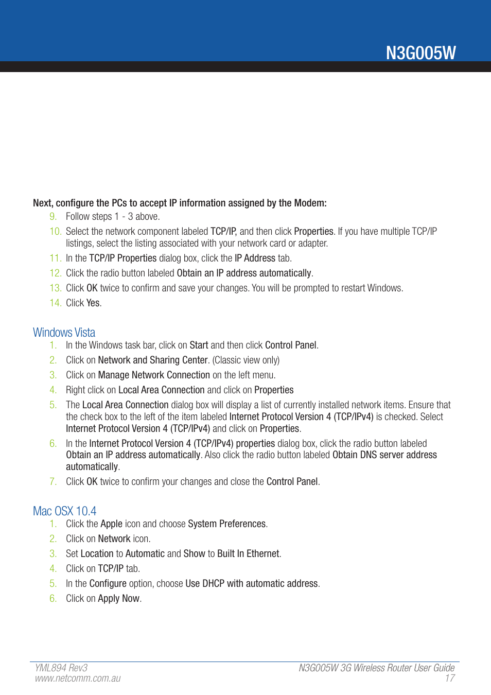 N3g005w, Windows vista, Mac osx 10.4 | NetComm 3G Wireless Router User N3G005W User Manual | Page 17 / 80