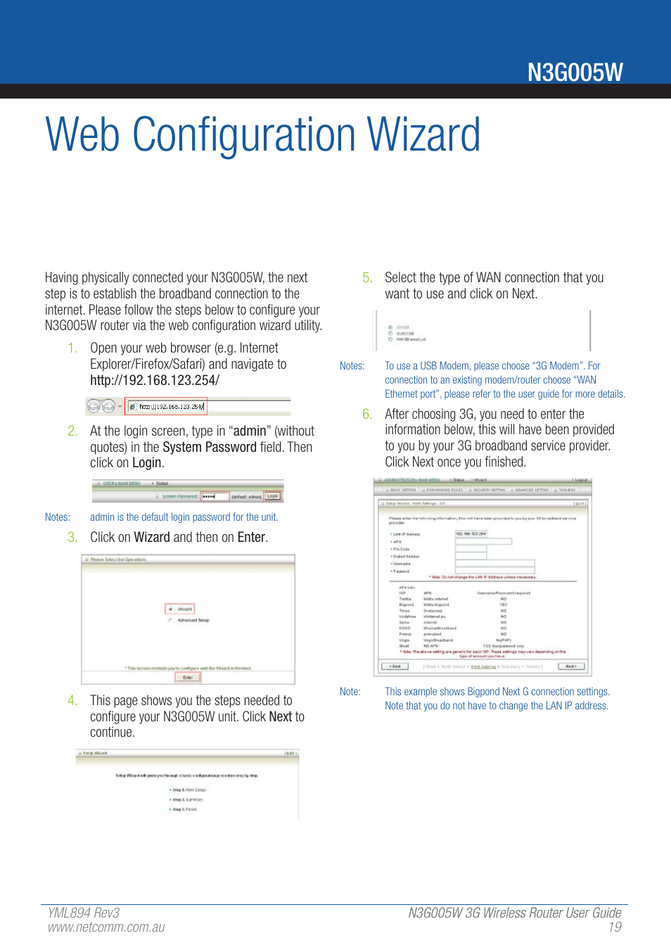 Web configuration wizard, N3g005w | NetComm 3G Wireless Router User N3G005W User Manual | Page 19 / 80
