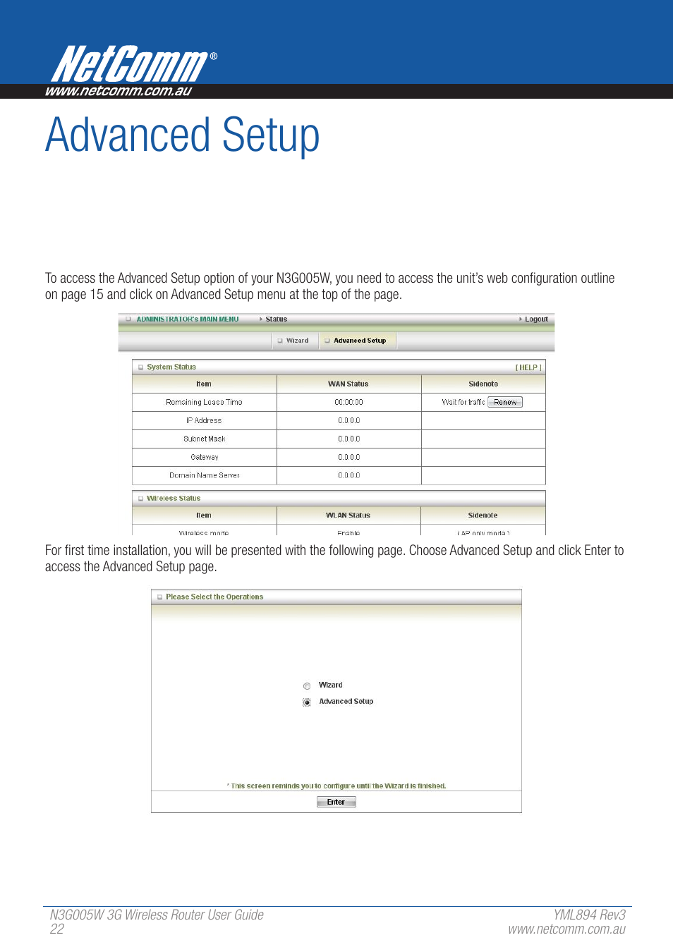 Advanced setup | NetComm 3G Wireless Router User N3G005W User Manual | Page 22 / 80