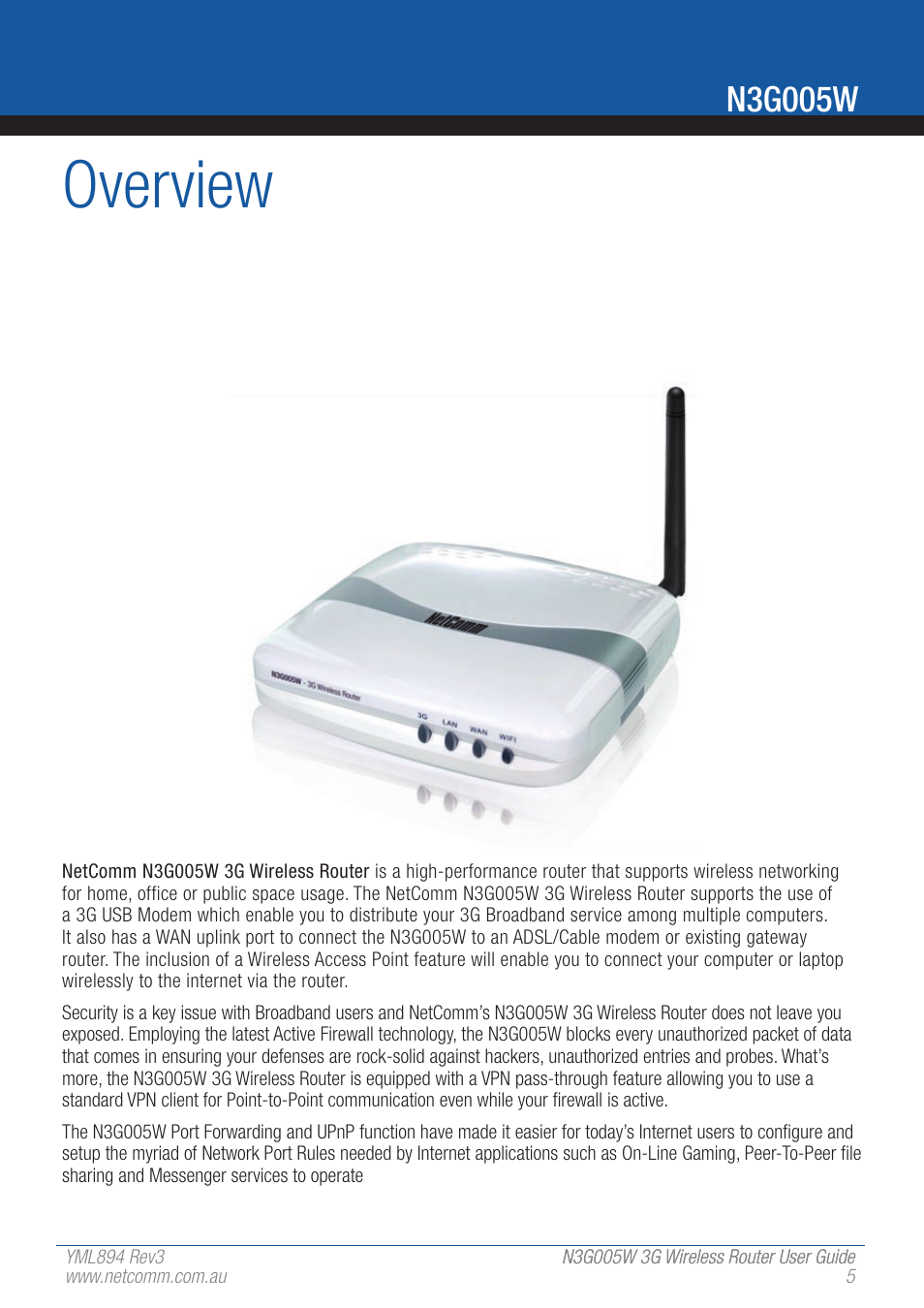 Overview, N3g005w | NetComm 3G Wireless Router User N3G005W User Manual | Page 5 / 80