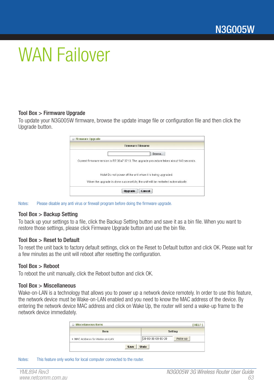 Wan failover, N3g005w | NetComm 3G Wireless Router User N3G005W User Manual | Page 63 / 80