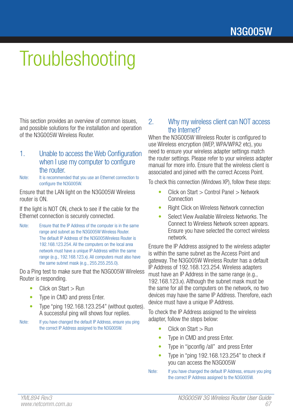 Troubleshooting, N3g005w | NetComm 3G Wireless Router User N3G005W User Manual | Page 67 / 80