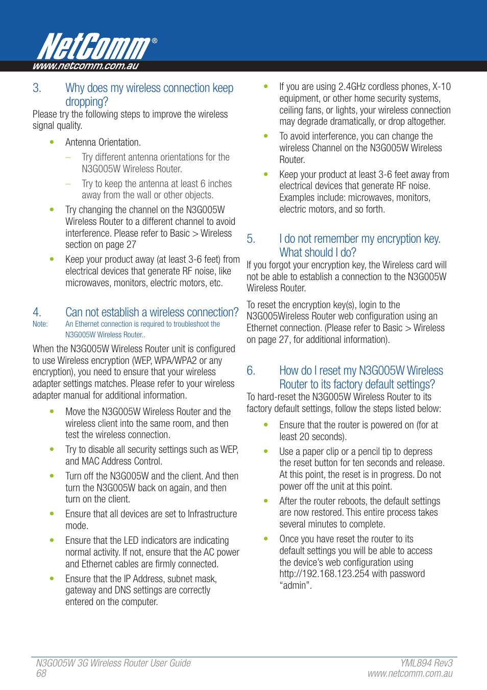 Why does my wireless connection keep dropping, Can not establish a wireless connection | NetComm 3G Wireless Router User N3G005W User Manual | Page 68 / 80