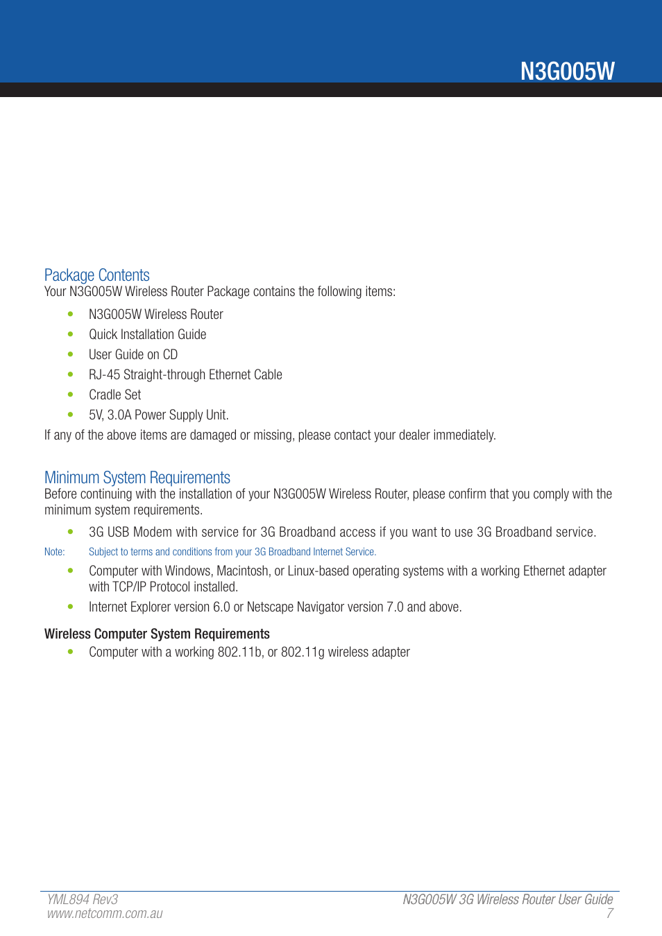 N3g005w, Package contents, Minimum system requirements | NetComm 3G Wireless Router User N3G005W User Manual | Page 7 / 80