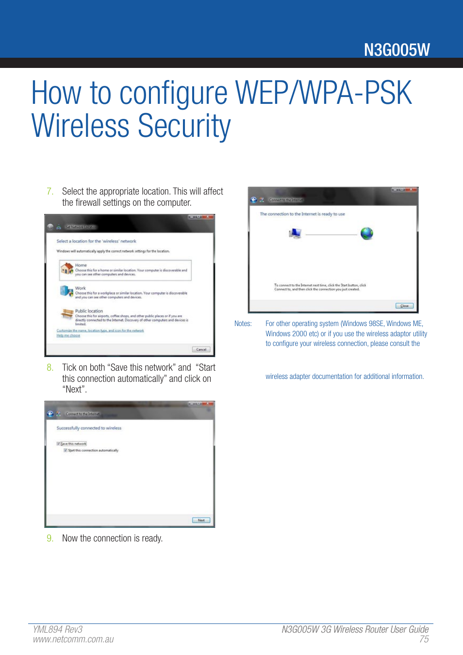 How to configure wep/wpa-psk wireless security, N3g005w | NetComm 3G Wireless Router User N3G005W User Manual | Page 75 / 80