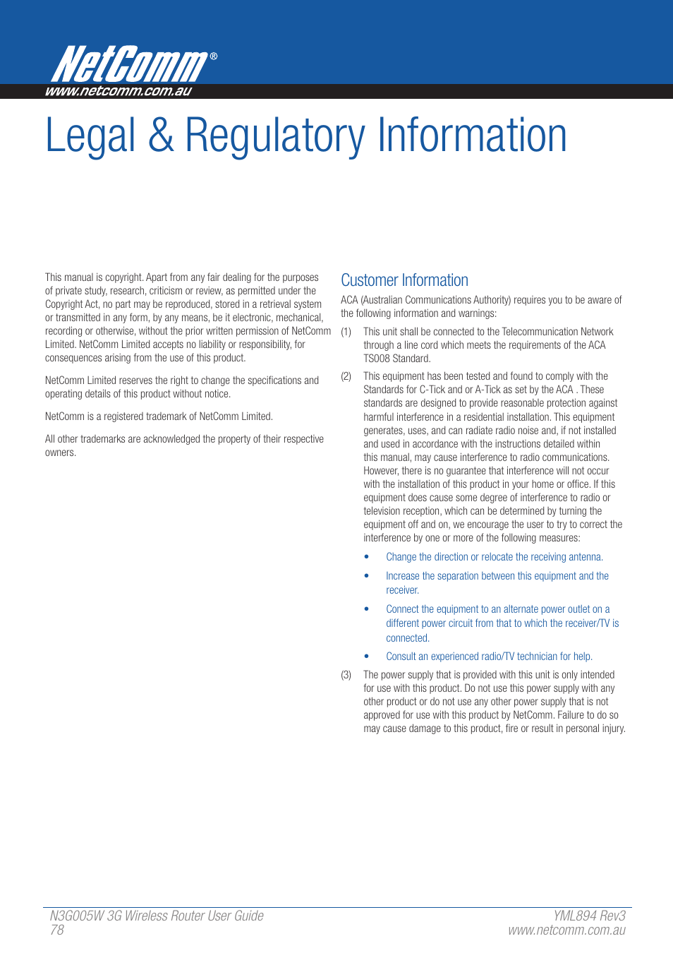 Legal & regulatory information, Customer information | NetComm 3G Wireless Router User N3G005W User Manual | Page 78 / 80