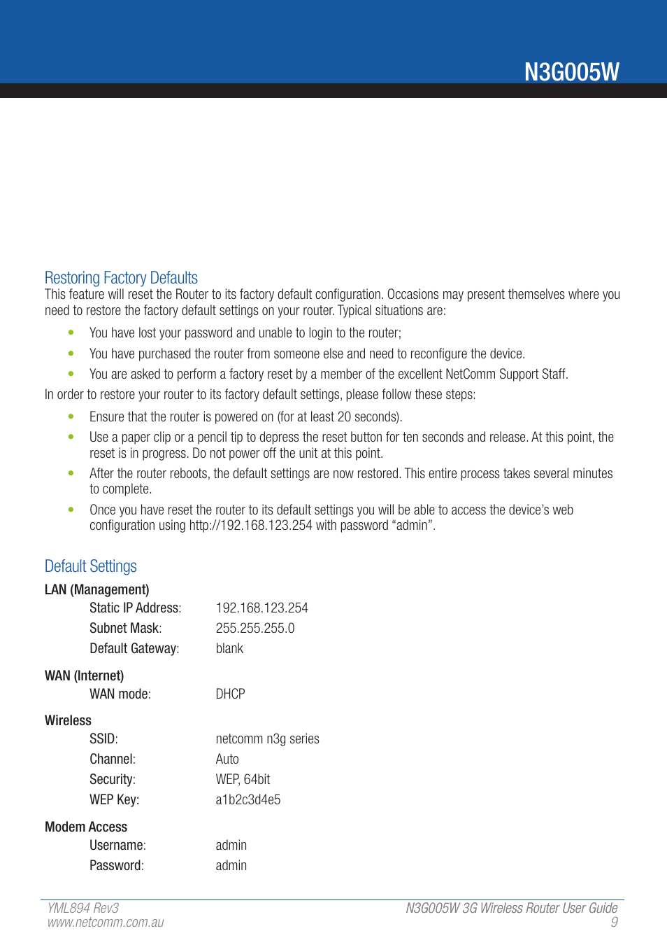 N3g005w, Restoring factory defaults, Default settings | NetComm 3G Wireless Router User N3G005W User Manual | Page 9 / 80