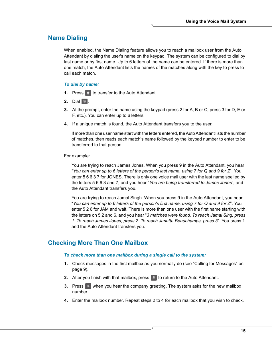 Name dialing, Checking more than one mailbox, Name dialing checking more than one mailbox | NetComm 3100 User Manual | Page 15 / 22