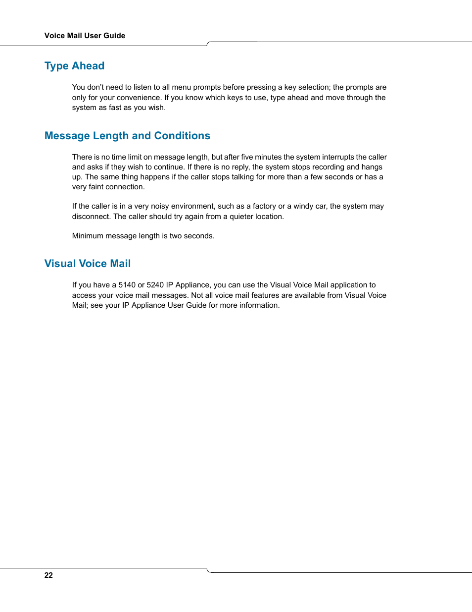 Type ahead, Message length and conditions, Visual voice mail | NetComm 3100 User Manual | Page 22 / 22