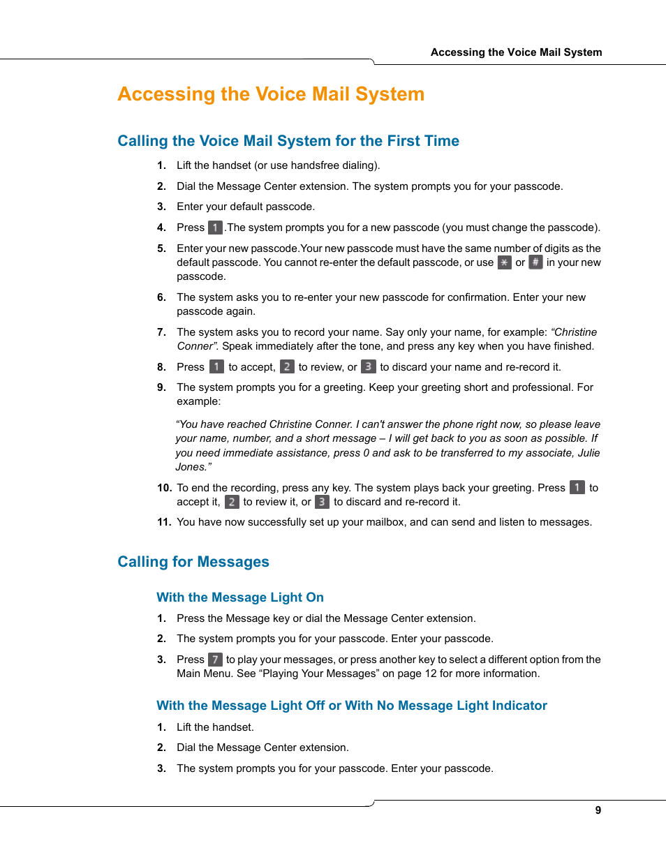 Accessing the voice mail system, Calling the voice mail system for the first time, Calling for messages | NetComm 3100 User Manual | Page 9 / 22