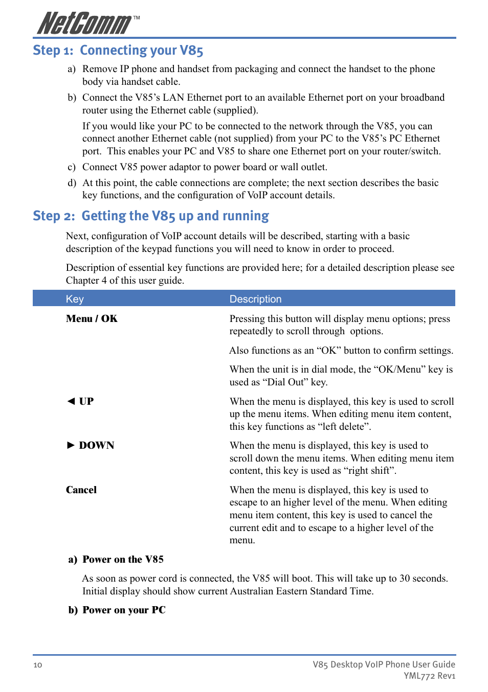 Step 1: connecting your v85, Step 2: getting the v85 up and running | NetComm V85 User Manual | Page 10 / 61