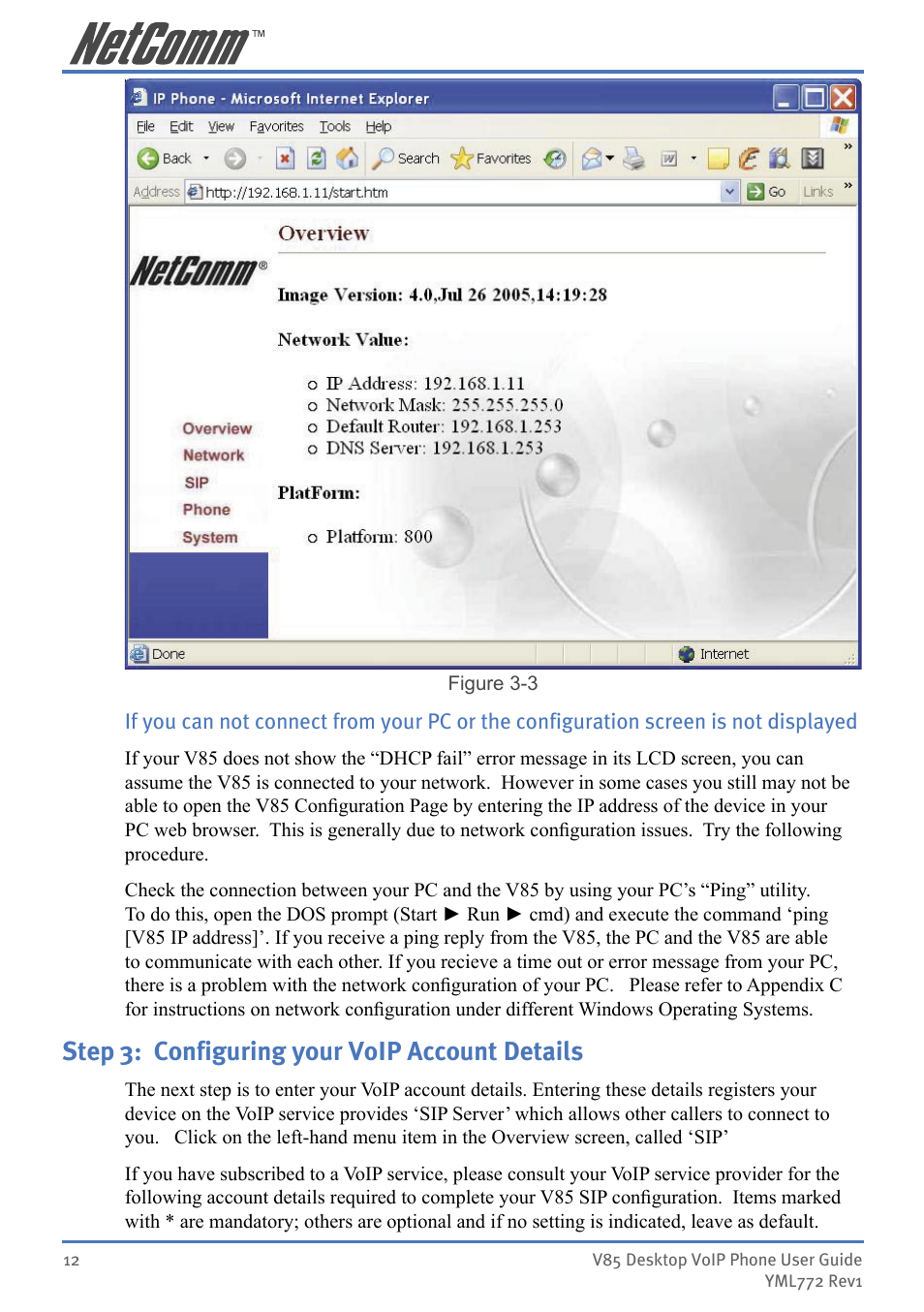 Step 3: conﬁguring your voip account details, Step 3: configuring your voip account details | NetComm V85 User Manual | Page 12 / 61