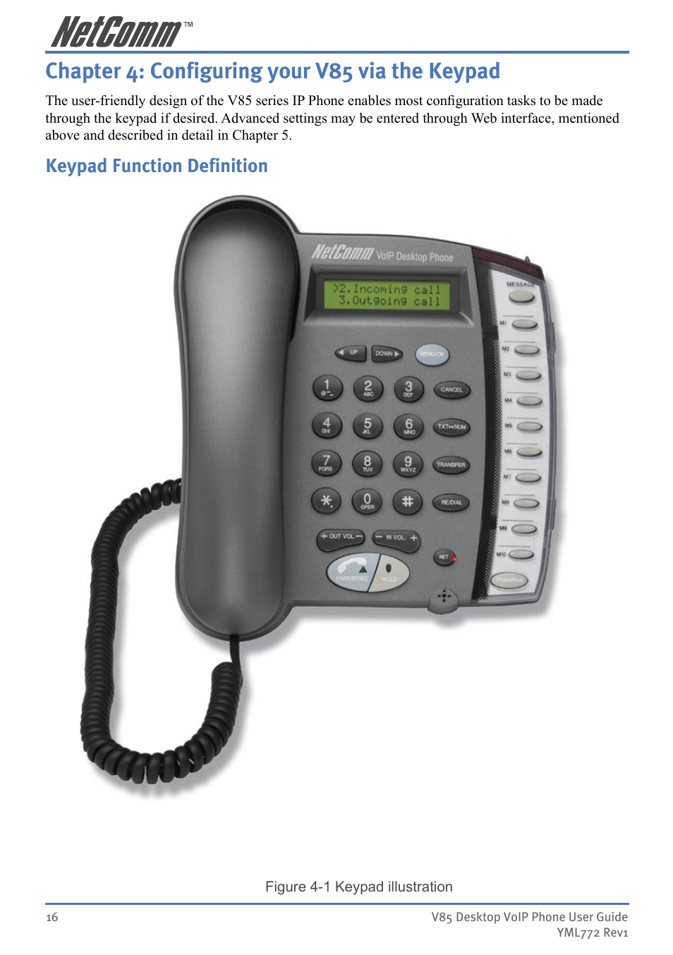 Chapter 4: conﬁguring your v85 via the keypad, Keypad function deﬁnition, Chapter 4: configuring your v85 via the keypad | Keypad function definition | NetComm V85 User Manual | Page 16 / 61