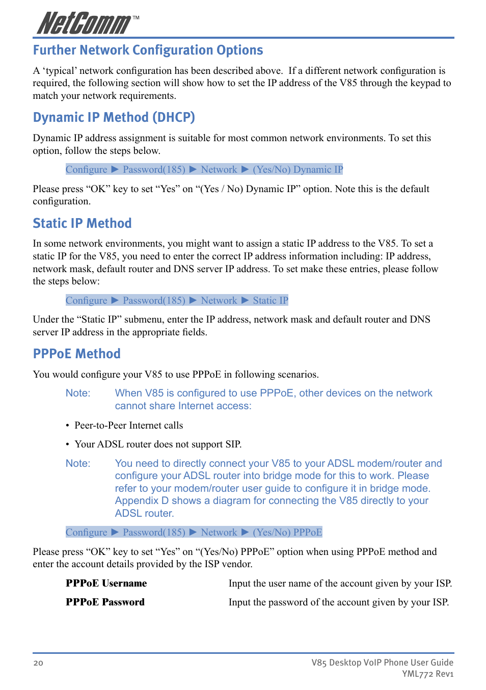 Further network configuration options, Dynamic ip method (dhcp), Static ip method | Pppoe method | NetComm V85 User Manual | Page 20 / 61