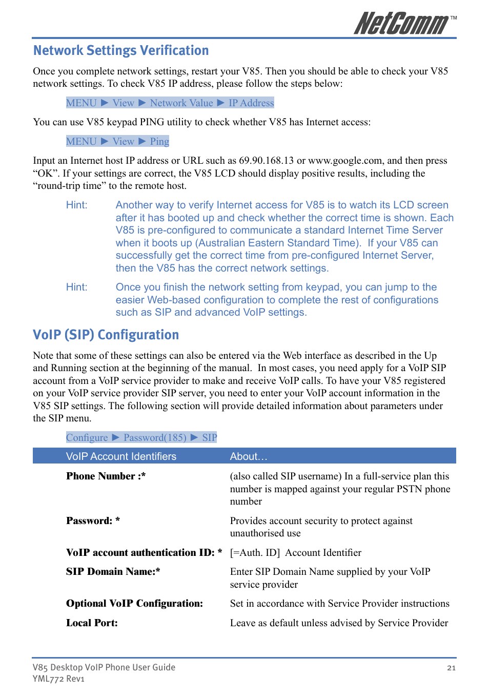 Network settings verification, Voip (sip) configuration | NetComm V85 User Manual | Page 21 / 61