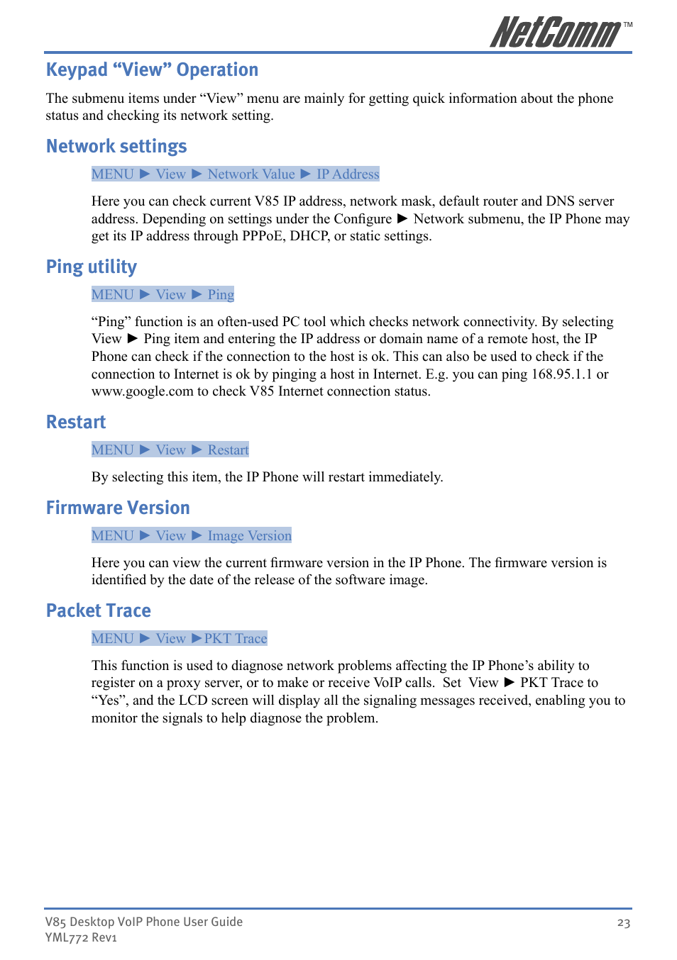 Keypad “view” operation, Network settings, Ping utility | Restart, Firmware version, Packet trace | NetComm V85 User Manual | Page 23 / 61