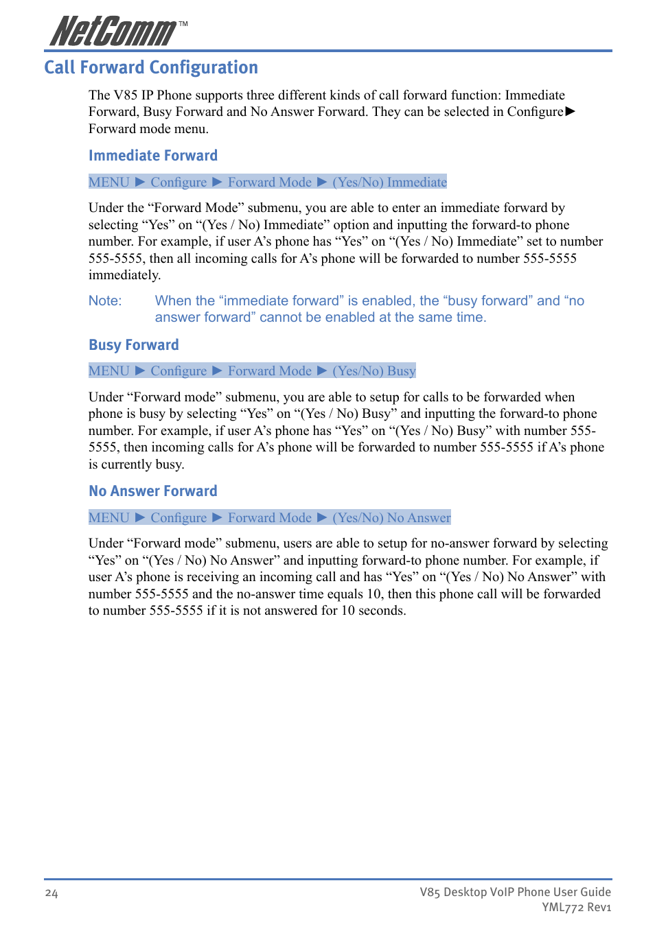 Call forward conﬁguration, Call forward configuration | NetComm V85 User Manual | Page 24 / 61