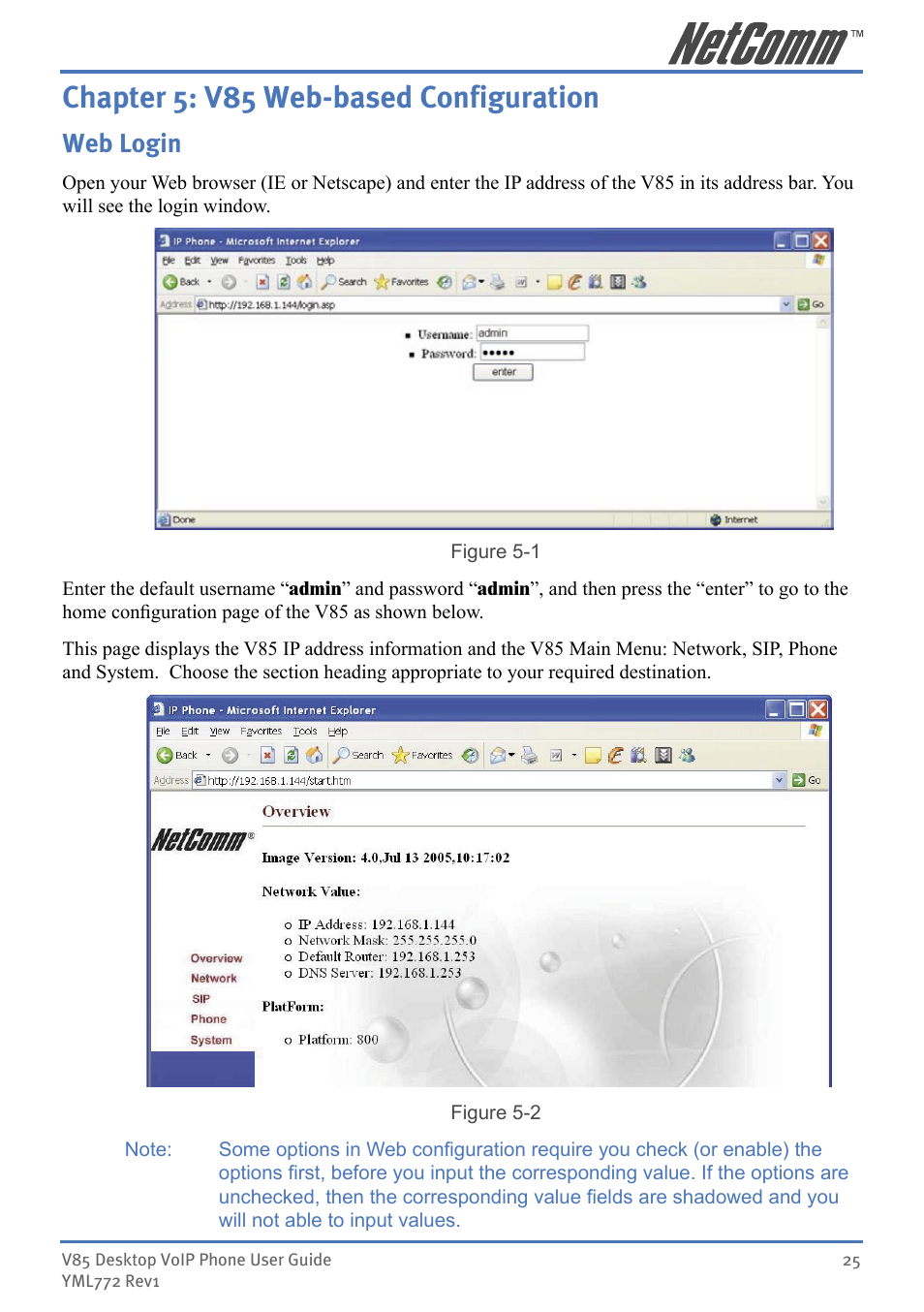 Chapter 5: v85 web-based conﬁguration, Web login, Chapter 5: v85 web-based configuration | NetComm V85 User Manual | Page 25 / 61