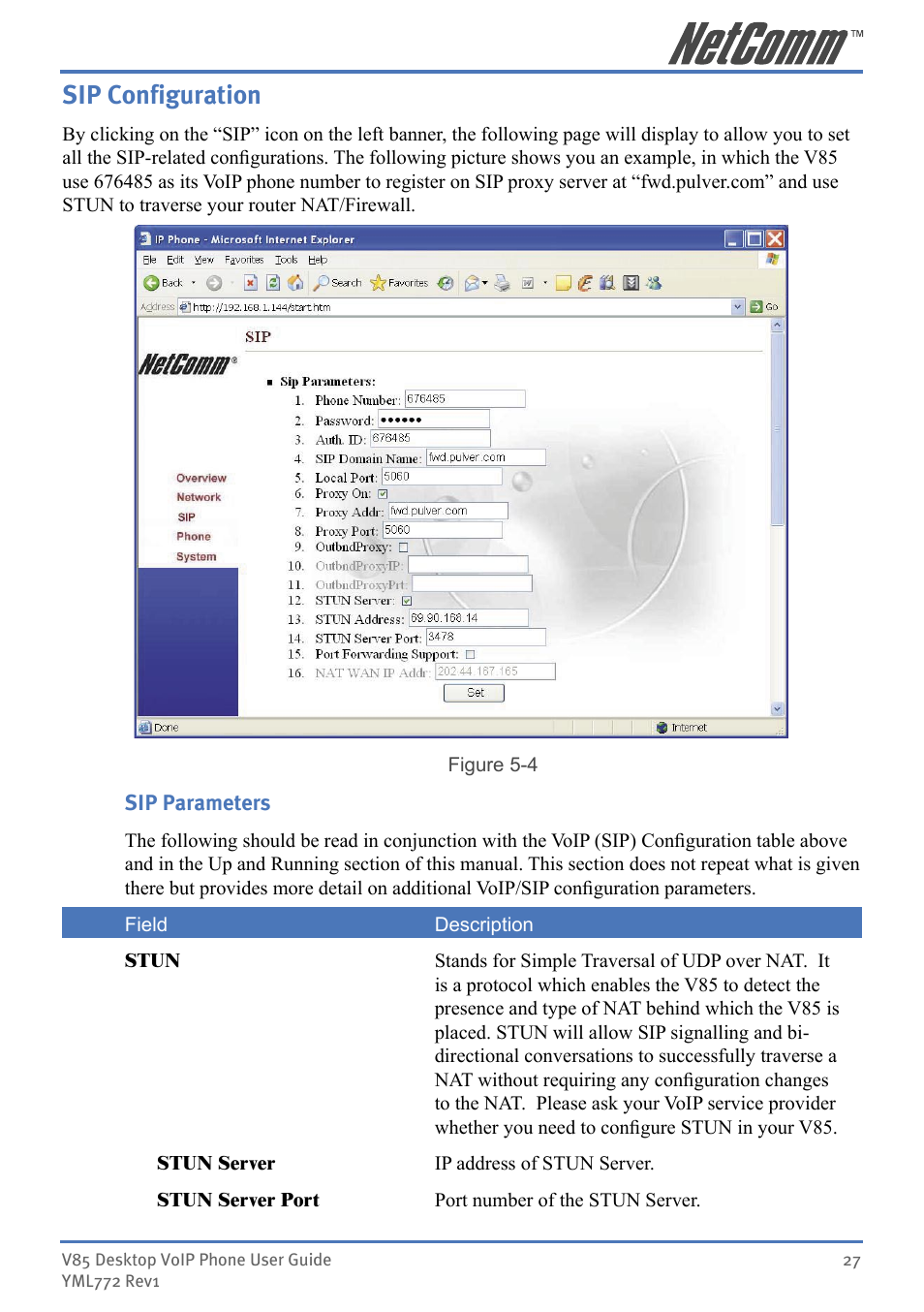 Sip conﬁguration, Sip configuration | NetComm V85 User Manual | Page 27 / 61