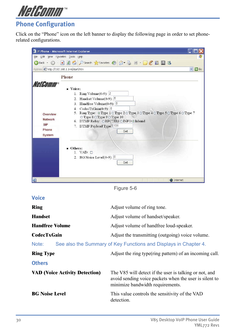 Phone conﬁguration, Phone configuration | NetComm V85 User Manual | Page 30 / 61