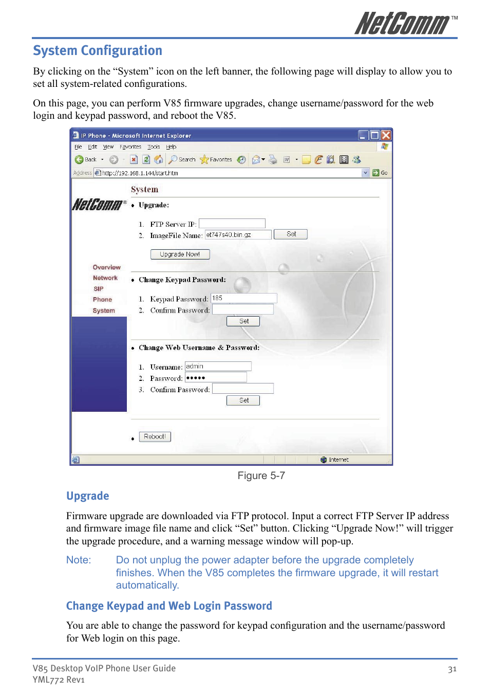 System conﬁguration, System configuration | NetComm V85 User Manual | Page 31 / 61