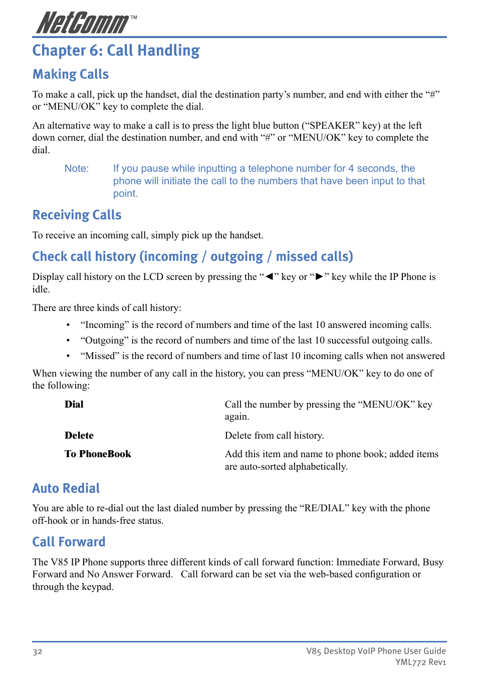 Chapter 6: call handling, Making calls, Receiving calls | Auto redial, Call forward | NetComm V85 User Manual | Page 32 / 61