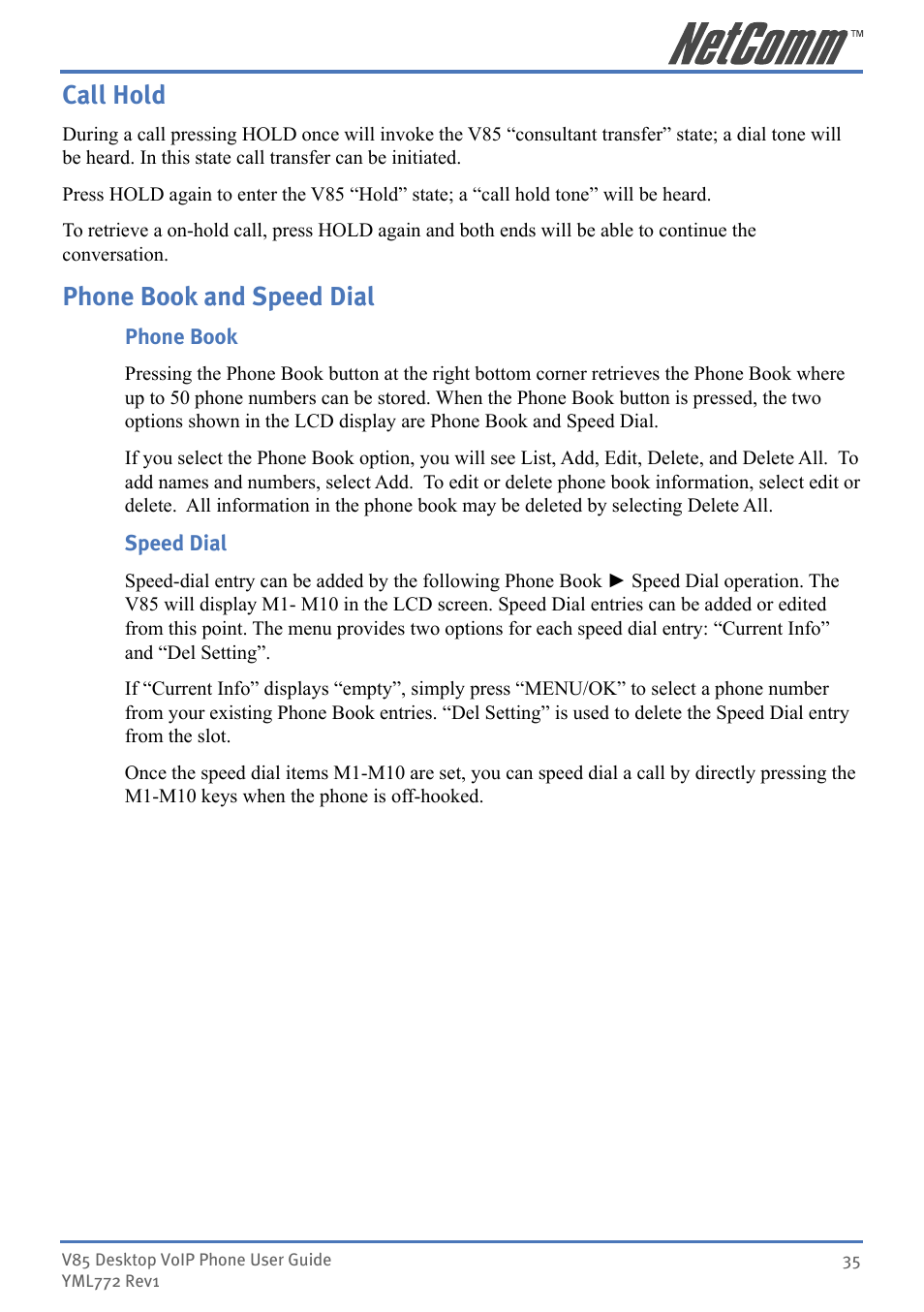 Call hold phone book and speed dial, Call hold, Phone book and speed dial | NetComm V85 User Manual | Page 35 / 61