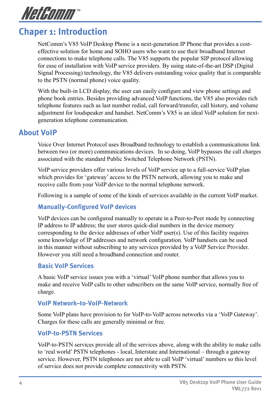 Chaper 1: introduction, About voip | NetComm V85 User Manual | Page 4 / 61