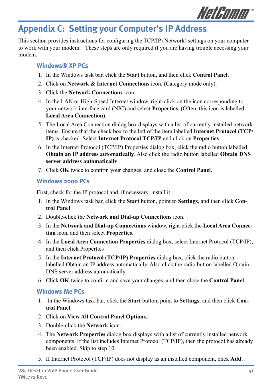 Appendix c: setting your computer’s ip address | NetComm V85 User Manual | Page 41 / 61