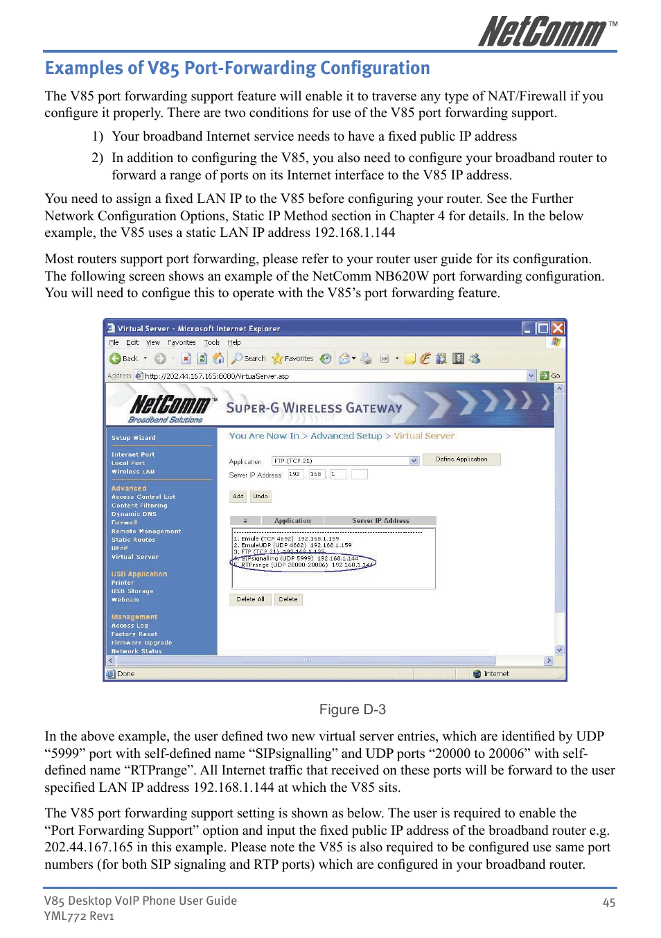 Examples of v85 port-forwarding conﬁguration, Examples of v85 port-forwarding configuration | NetComm V85 User Manual | Page 45 / 61